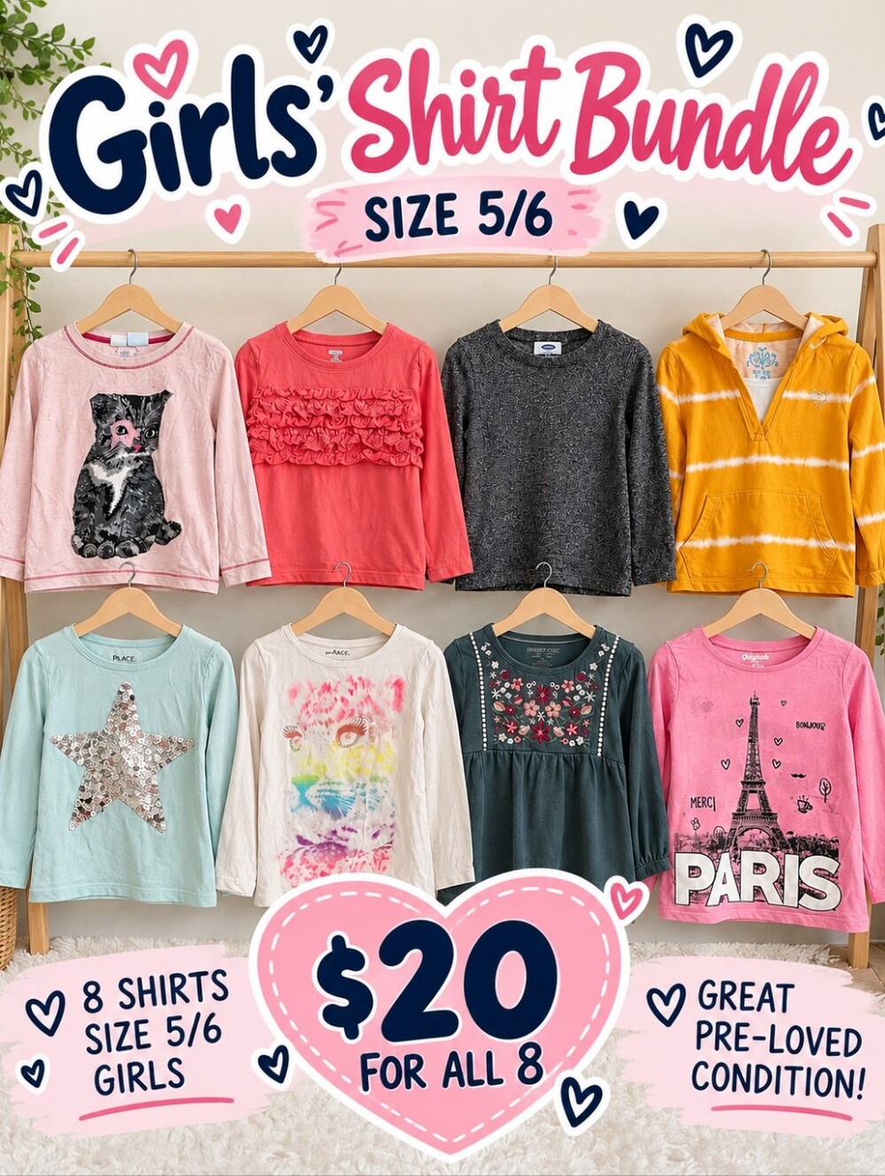 8 Girls Long-Sleeve Shirt Bundle - Mixed Colors - Size 5/6